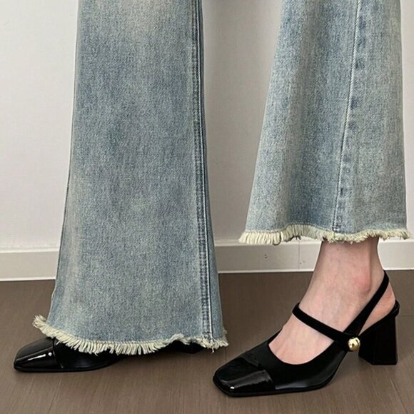 Black Casual Fashionable Women's Elegant Square Toe Studded Mary Jane Shoes - Picture 2 of 4